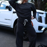 Clubhouse matching sweatshirt and pant set for women with a relaxed casual fit