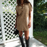 Women’s suede mini dress styled for fall date nights and special occasions