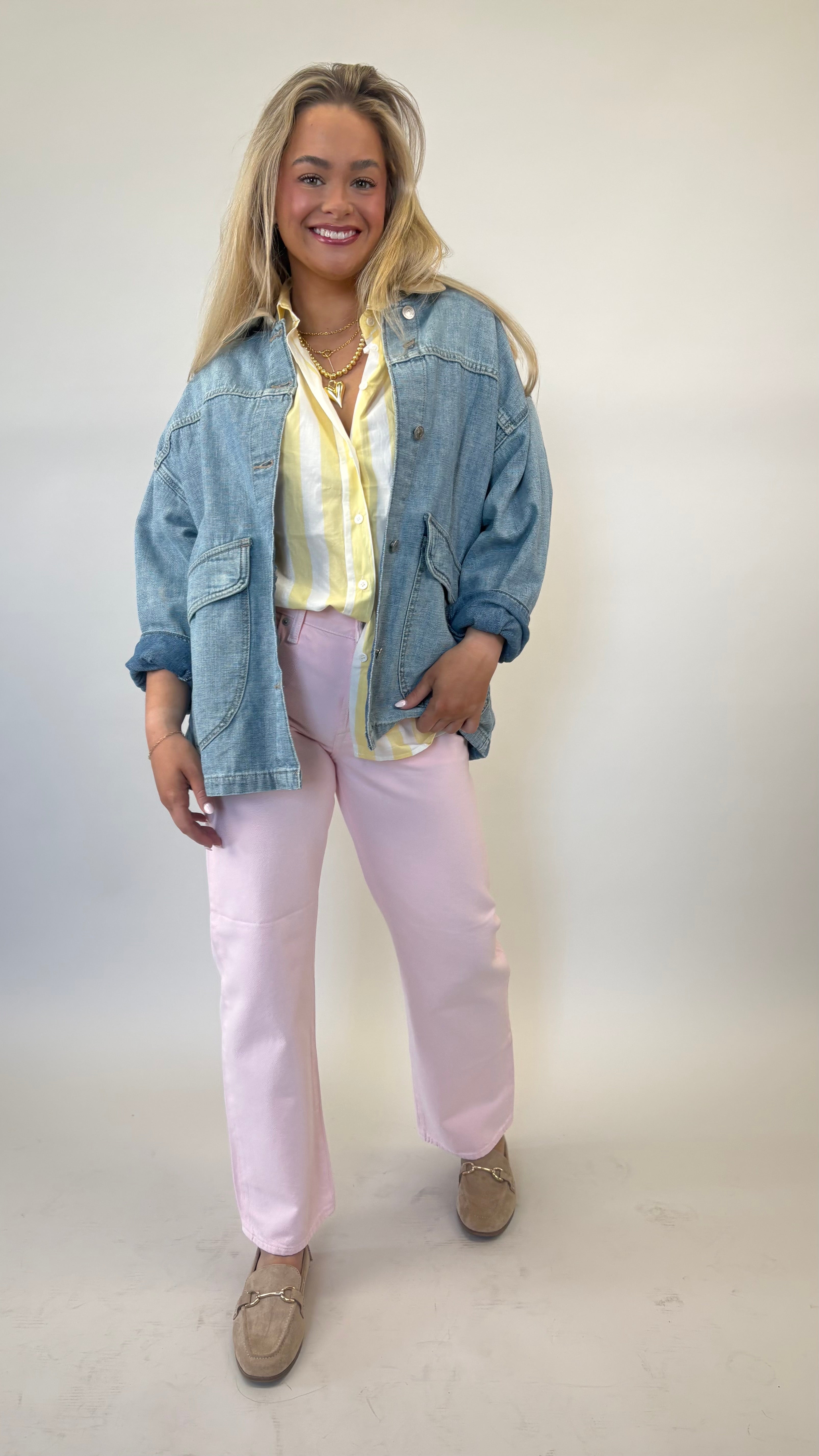 Free People Lemon jacket styled open over white tee with relaxed, boxy silhouette