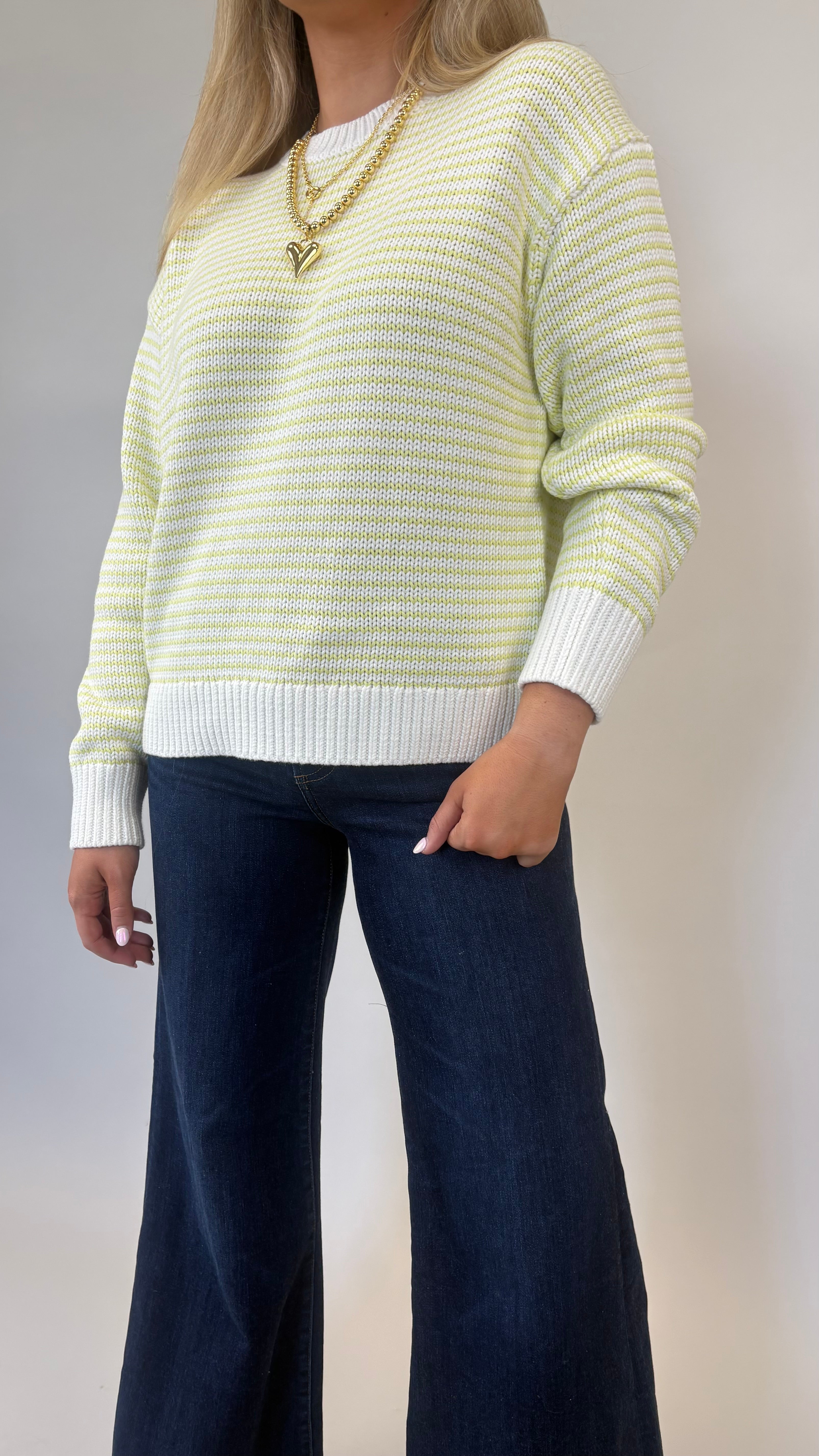 Relaxed Pistola Aura sweater with crewneck and lime and cream stripe pattern