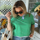 Henley neck stripe top in ivory and blue with chartreuse trim for women