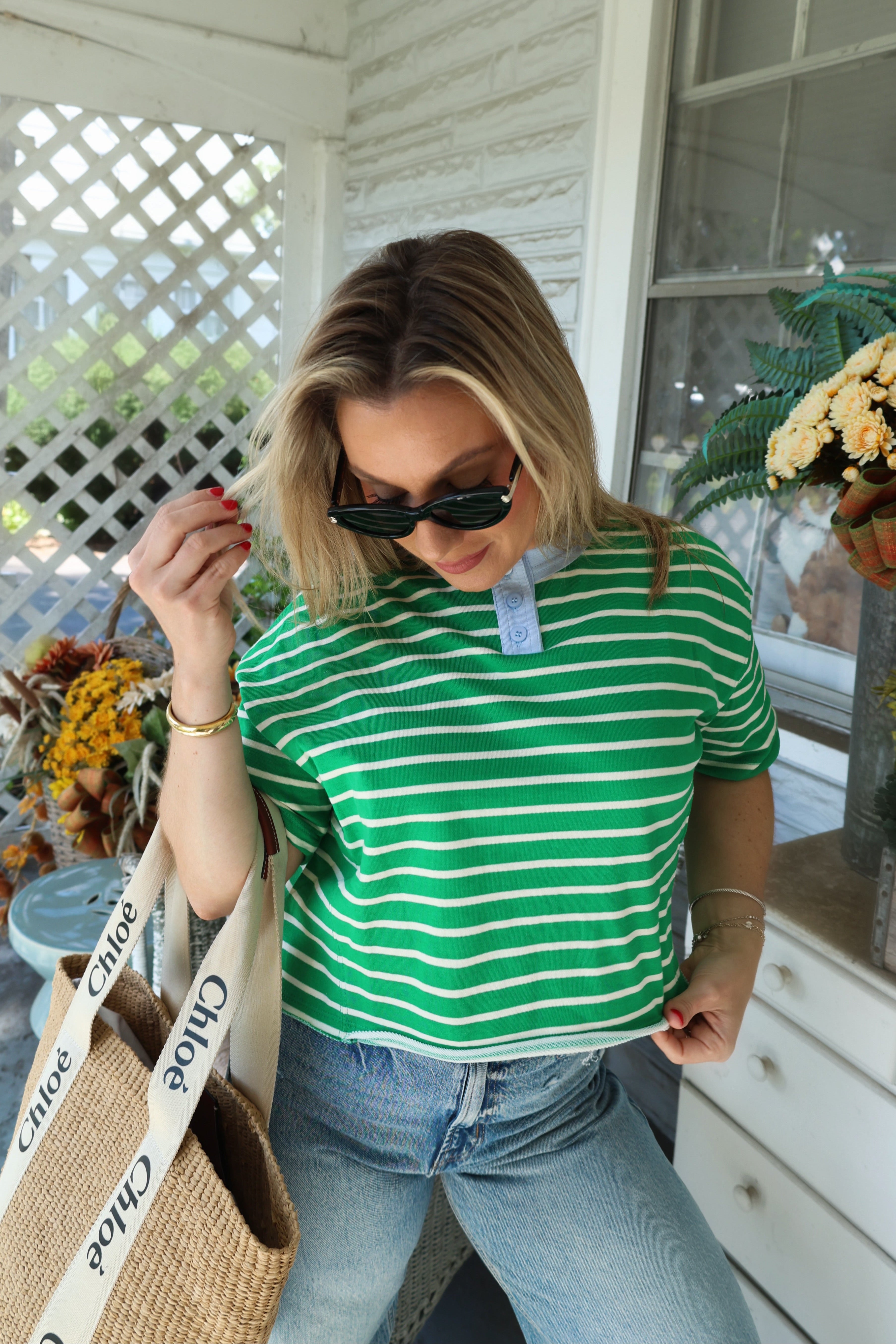 Henley neck stripe top in ivory and blue with chartreuse trim for women