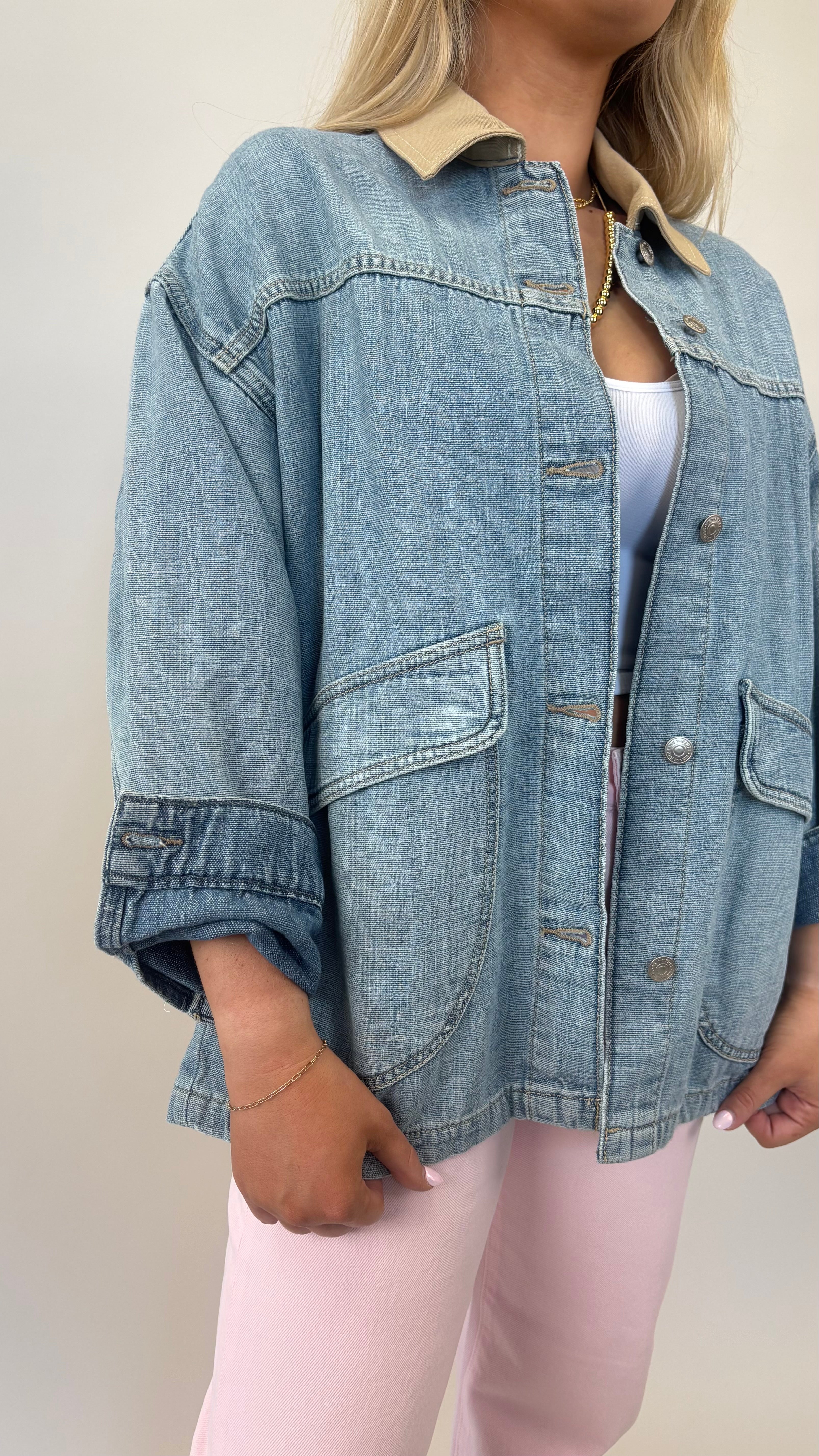 Free People Lemon oversized denim jacket with contrast collar styled with neutral wide-leg pants