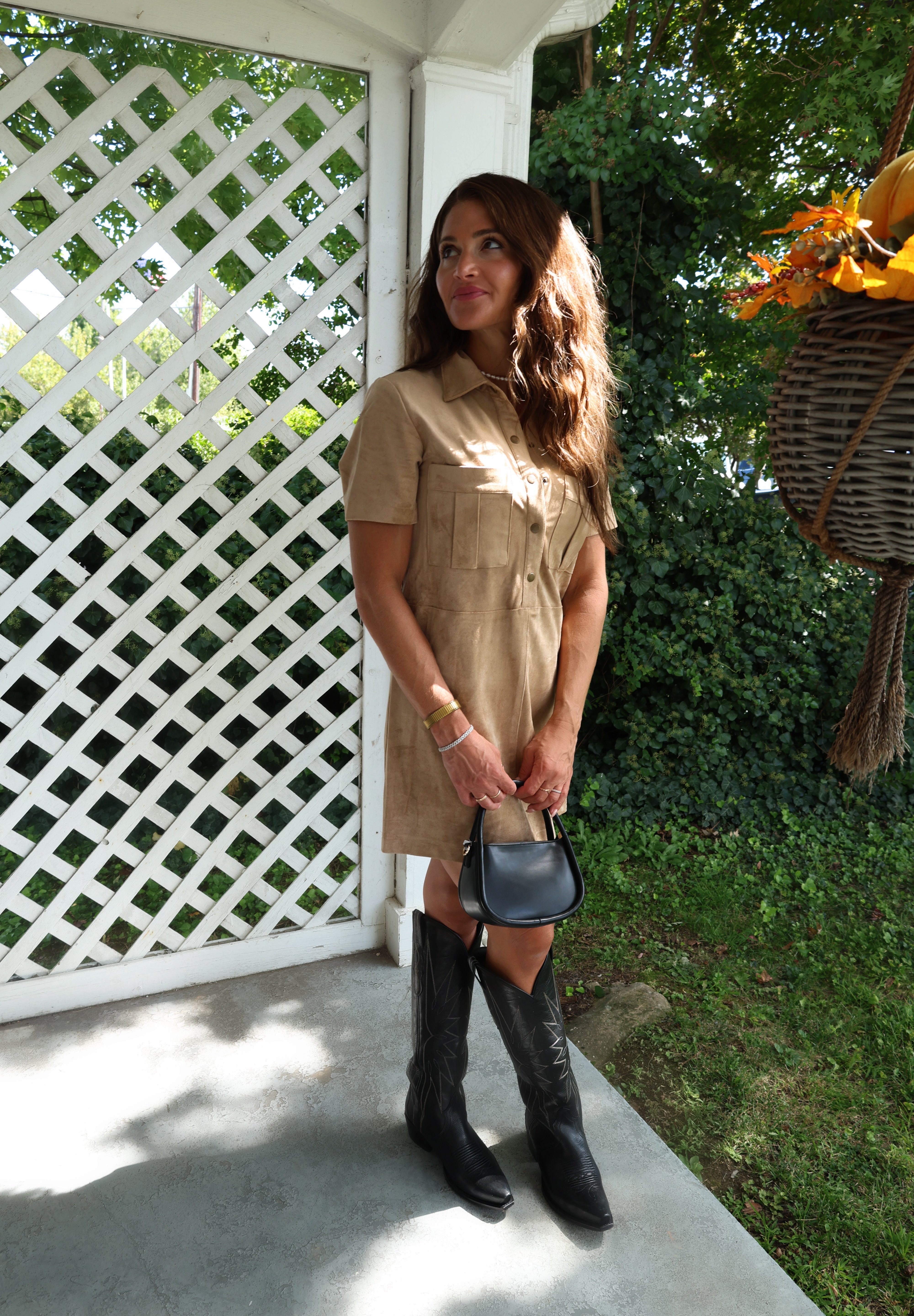 Soft suede fall mini dress for women with an elevated flattering silhouette