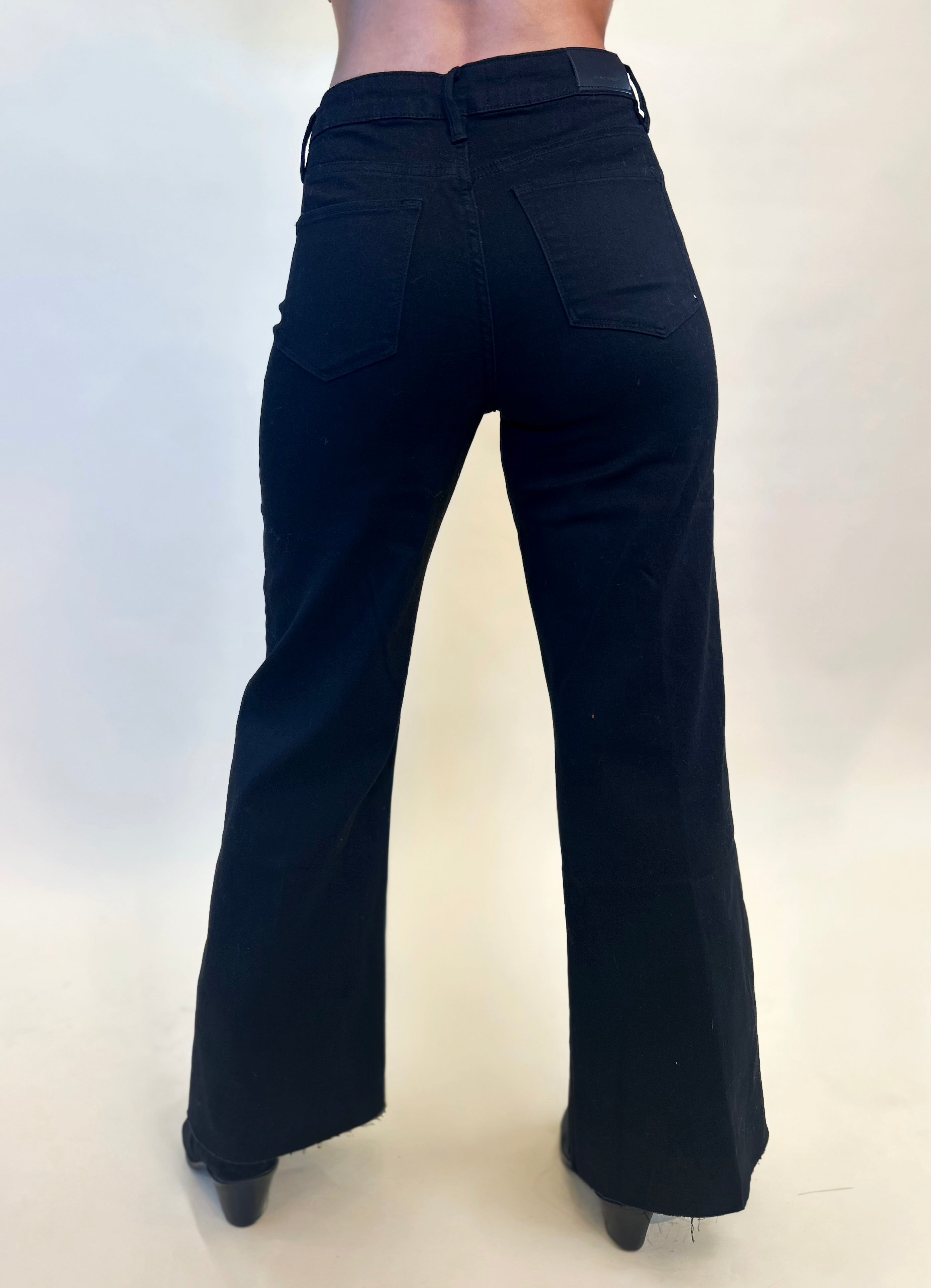 Back view of Dear John Fiona Wide Leg Jeans in Black Arrow wash featuring wide leg silhouette and raw hem, available at Shear Boutique.