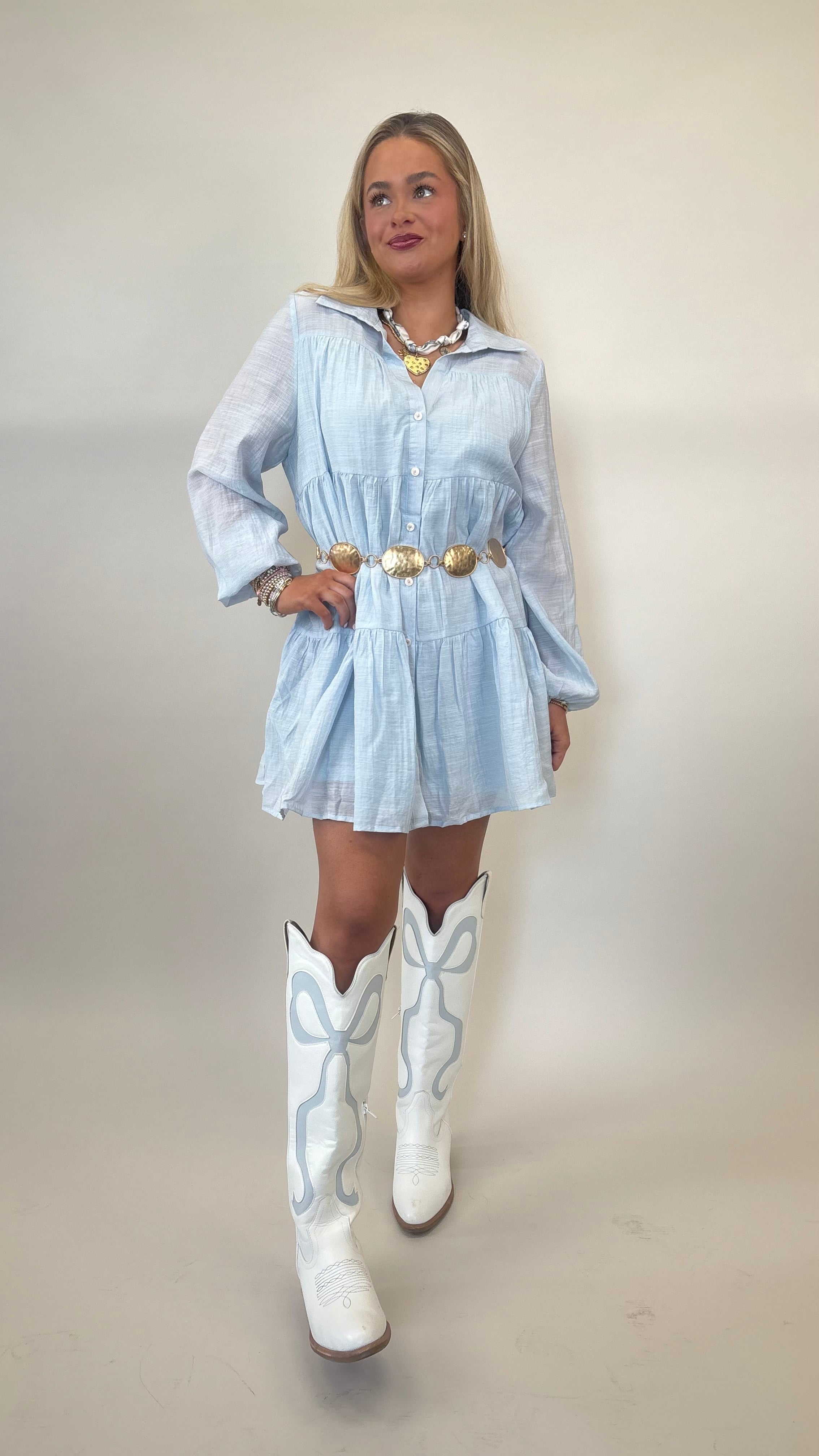 Deluc Gomera long sleeve mini dress featuring blue and white pattern