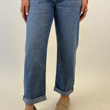 Pistola Donny boyfriend jeans with high rise fit, bowed wide leg, and double rolled hem