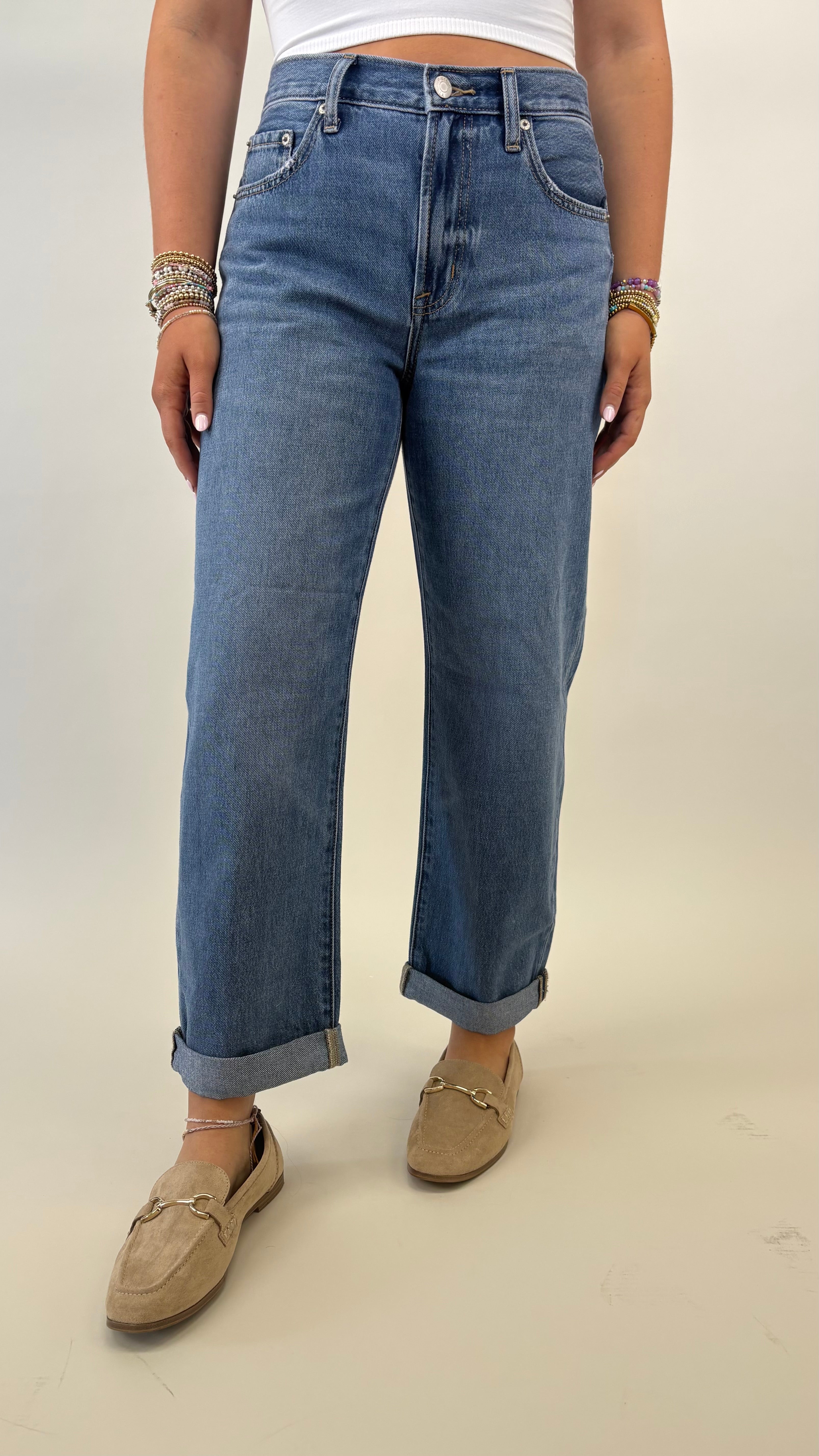 Pistola Donny boyfriend jeans with high rise fit, bowed wide leg, and double rolled hem