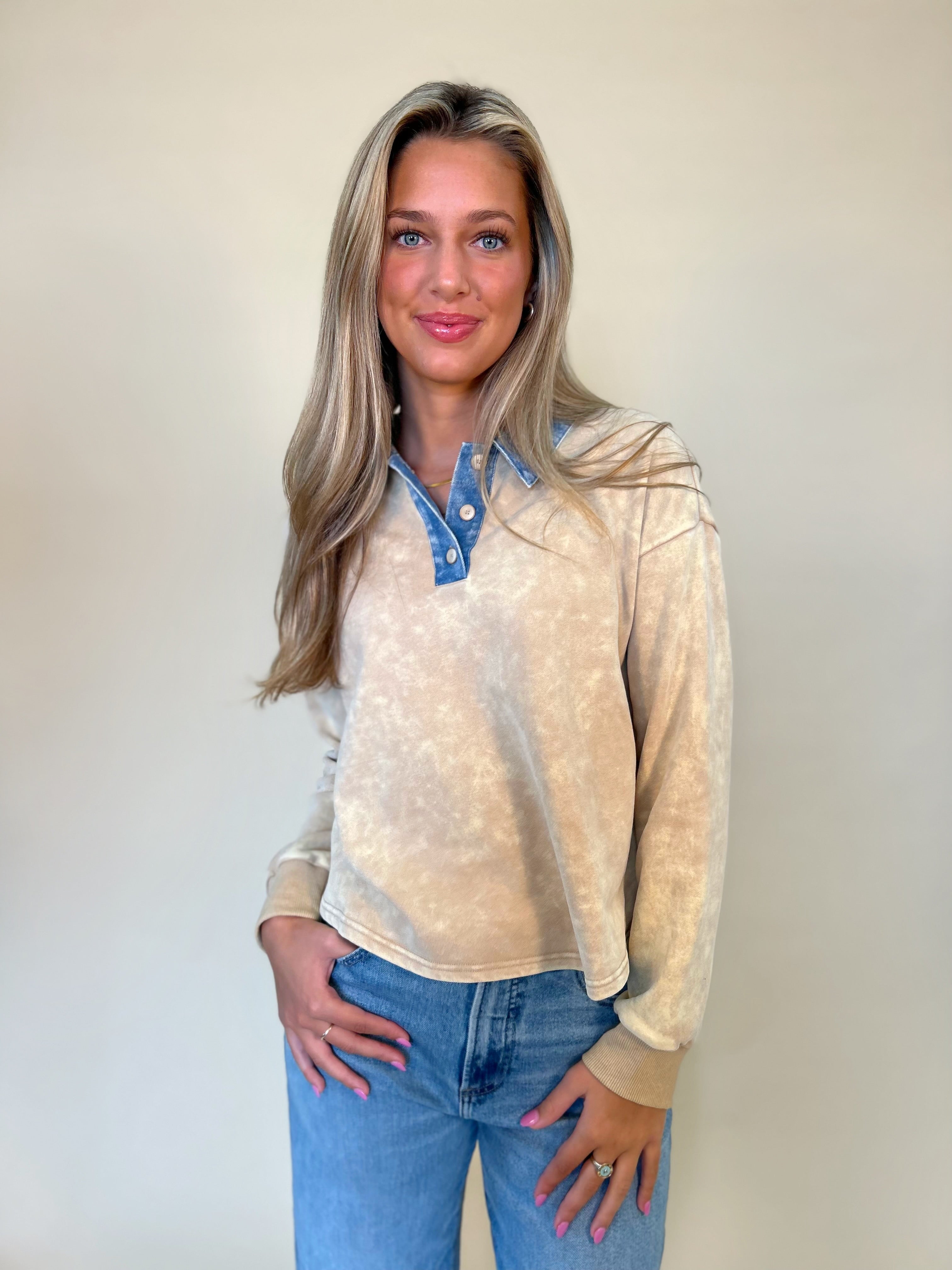 front of denim collar washed polo- washed tan finish with natural denim detail on collar. Women's long sleeve polo top. Shear Boutique Women's fashion fall