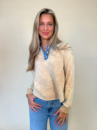 front of denim collar washed polo- washed tan finish with natural denim detail on collar. Women's long sleeve polo top. Shear Boutique Women's fashion fall