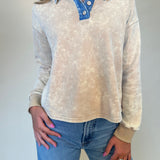 close-up of denimcollar washed polo- tan long sleeve women's polo with fleece interior and denim collar. Shear boutique fall