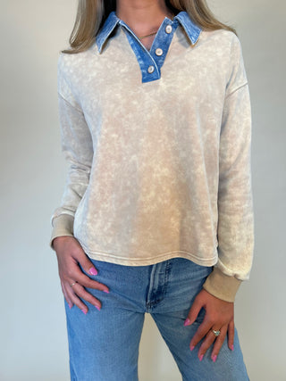 close-up of denimcollar washed polo- tan long sleeve women's polo with fleece interior and denim collar. Shear boutique fall