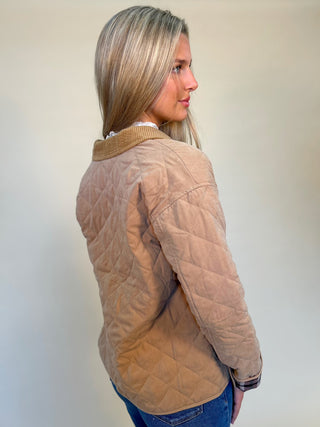back of quilted barn jacket in tan color, shear boutique fall 