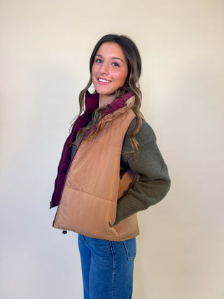 side view of women's puffer vest - kansas reversible puffer vest - tan and red/ burgundy