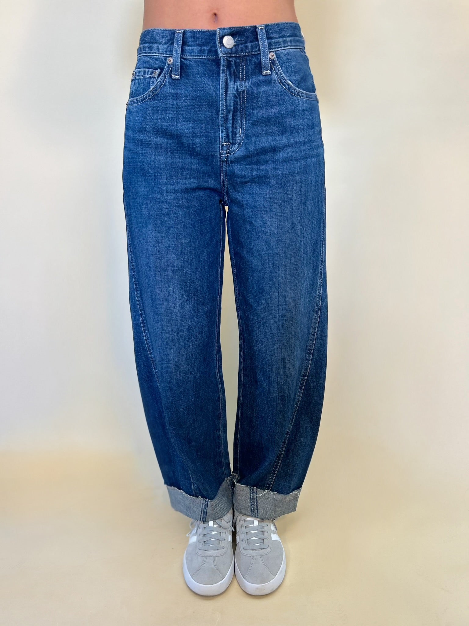 kacey mid rise cuffed boyfriend women's jeans- dark blue wash, cuffed, barrel leg. trending womens barrel jeans from shear boutique maryland women's fashion