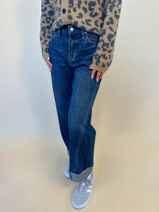 side view of woman wearing kacey mid rise cuffed boyfriend jeans shear boutique
