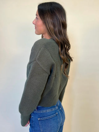back of women's cardigan- phineas cardigan, green