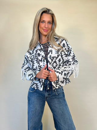 front of aztec fringe shacket shear boutique women's fringe western jacket fall