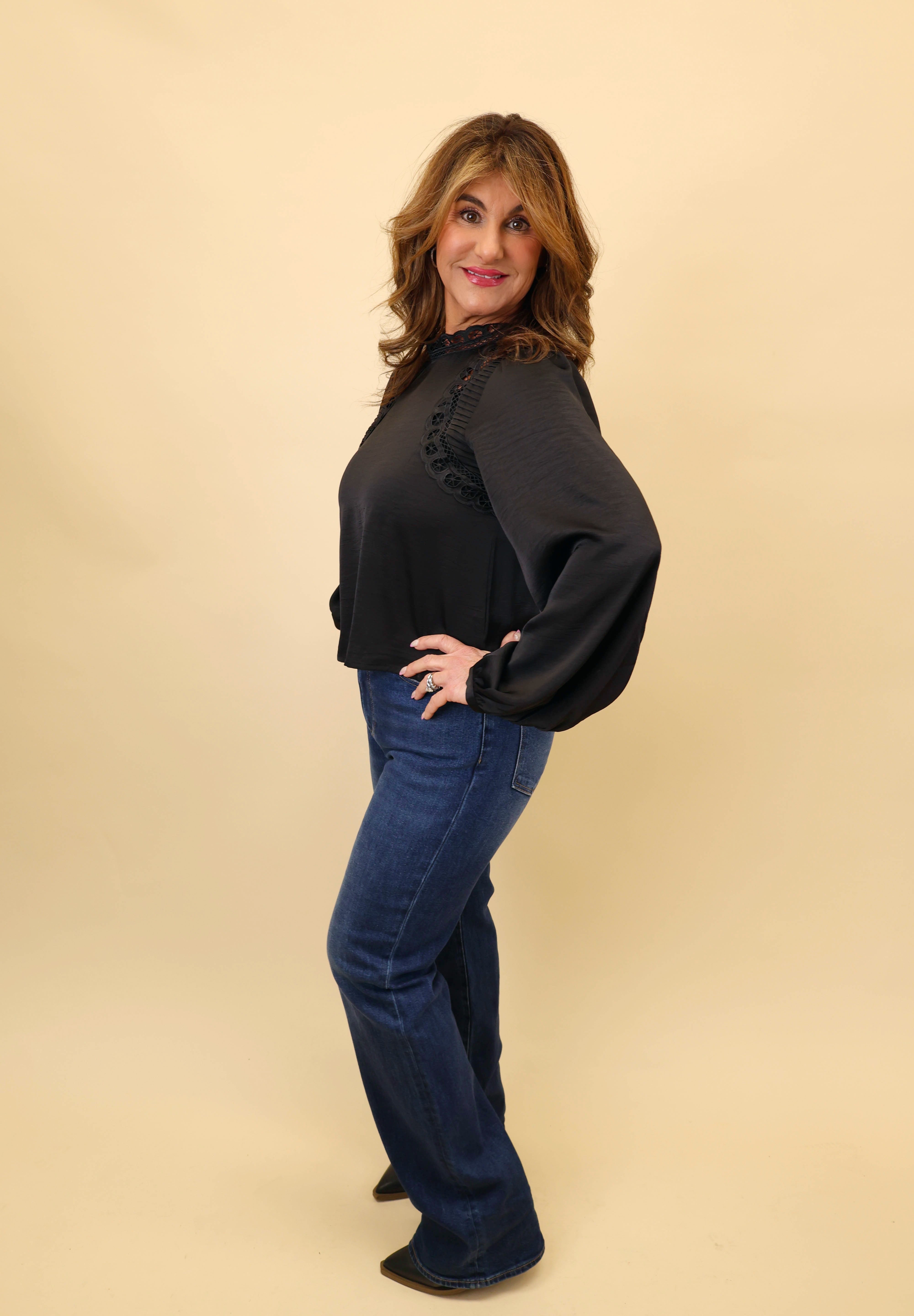 Z Supply long-sleeve Silvana top in black with a mock neck and feminine scalloped trim accents.