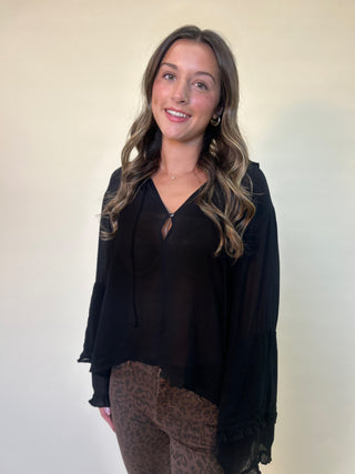 front of jacquel blouse- black long sleeve sheer ruffle women's top/blouse. Shear thairapy women's clothing fall collection