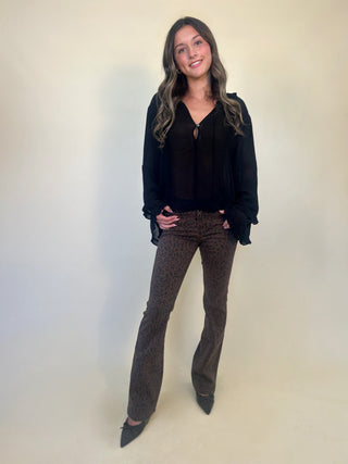 full length photo of dear john jaxtyn slim bootcut brown leopard denim women's jeans from shear boutique. Paired with jacquel blouse -sheer black top