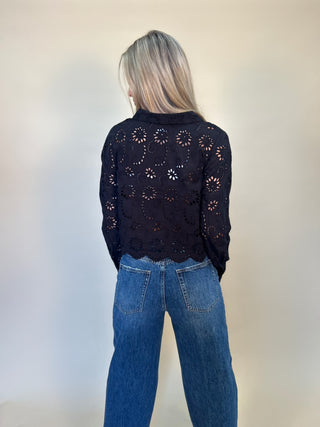 Back of miranda eyelet lace long sleeve women's top from Shear Boutique