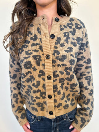 clouse up product image of Amina Cardigan showing details of knit leopard print sweater and front button detail. Dear John brand, Shear Boutique