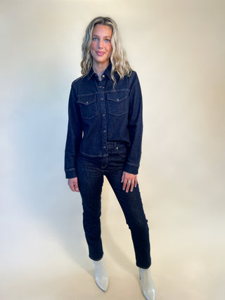 Pistola Thea Denim Top with double chest pockets styled with Pistola Bri High Rise Slim Straight Pants — a timeless, everyday denim-on-denim look.