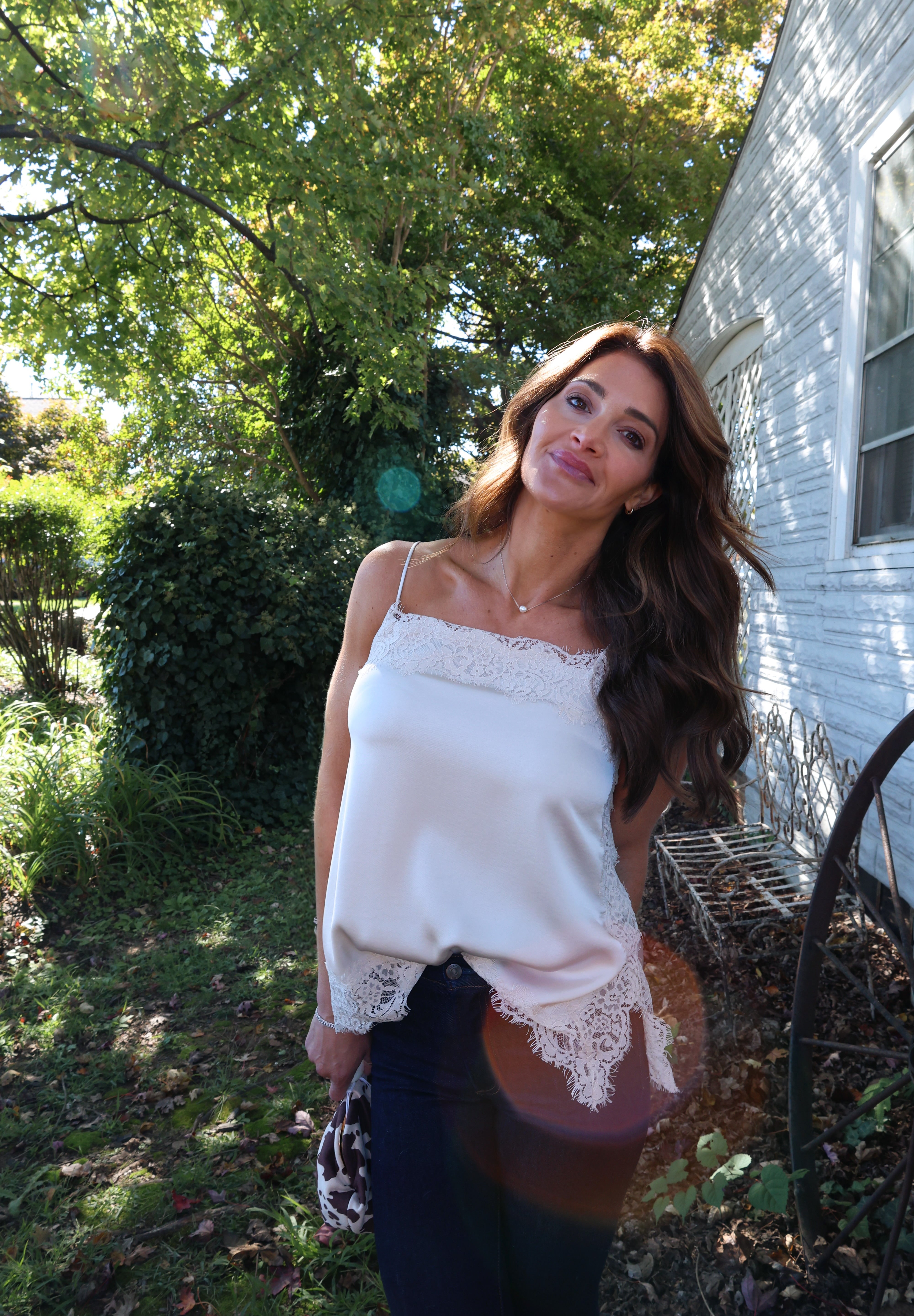 Roselle Lace Cami in Frosted Pearl with delicate lace detailing for women at Shear Boutique in Olney, MD