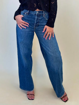 front view up Tate High Rise Bowed Wide Leg Pistola- Women's online shopping jeans denim pants bottoms Shear Boutique