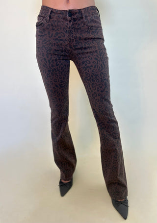 product shot of dear john jaxtyn slim boot cut brown leopard denim women's jeans by dear john. Shear boutique fall collection women's fashion. brown with black leopard print