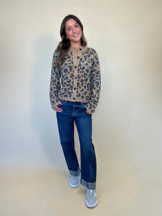 kacey mid rise cuffed boyfriend women's jeans- dark blue wash, cuffed, barrel leg. paired with amina cheetah leoaprd print cardigan 