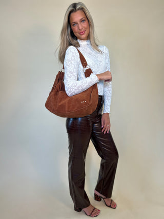 Cassie Super High Rise Straight Pant - Tobacco Croc, paired with hobo bag shear boutique