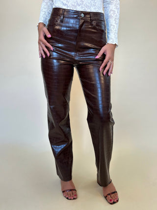 close up of Cassie Super High Rise Straight Pant - Tobacco Croc, brown reptile animal print faux leather fall pants/bottoms pistola shear boutique fall