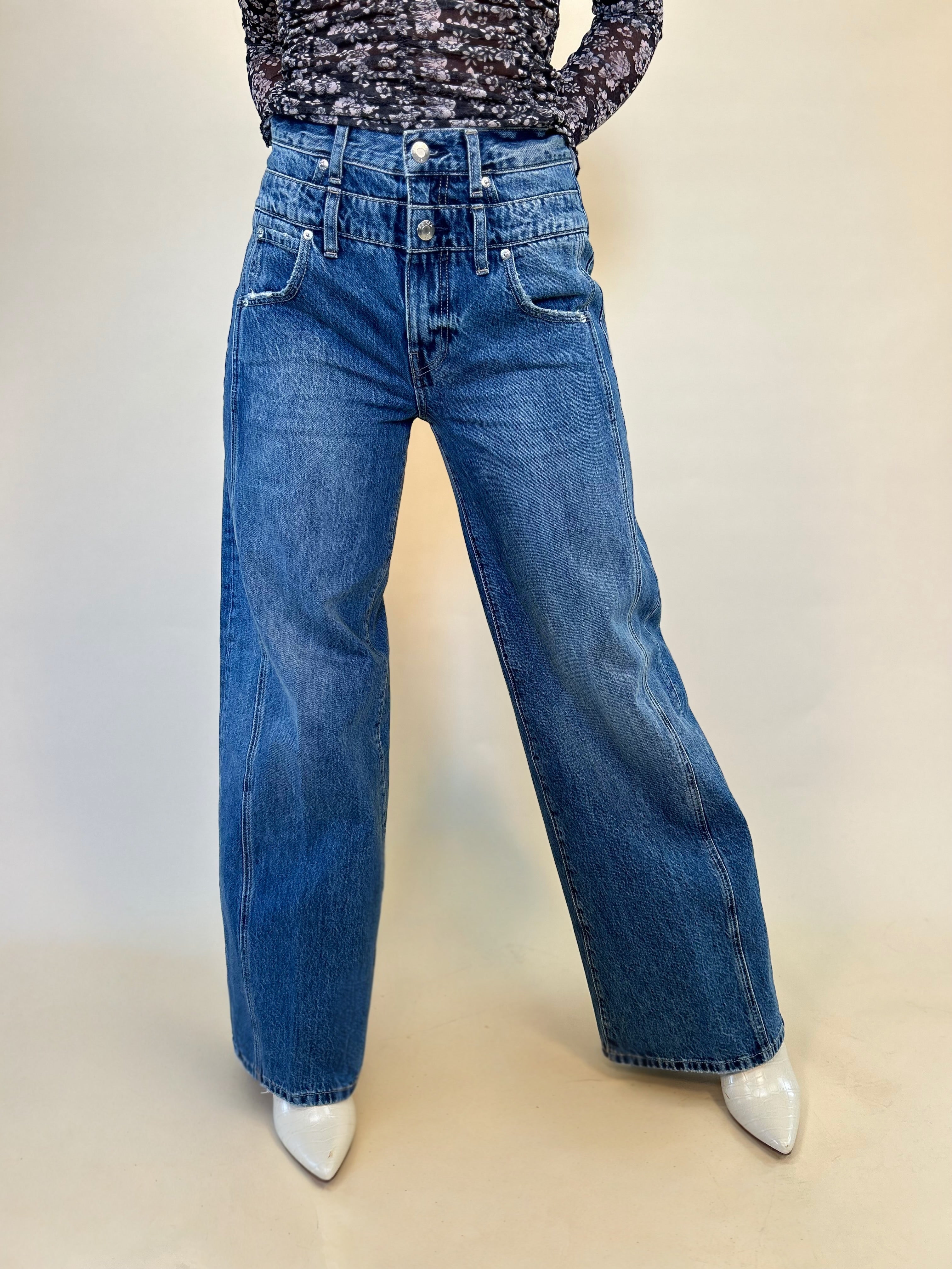 front product shot of caleb high rise relaxed stacked waist jeans by Pistola - Shear Boutique Fall collection women's clothing. Unique jeans denim pants bottoms for women 