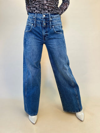 front product shot of caleb high rise relaxed stacked waist jeans by Pistola - Shear Boutique Fall collection women's clothing. Unique jeans denim pants bottoms for women 