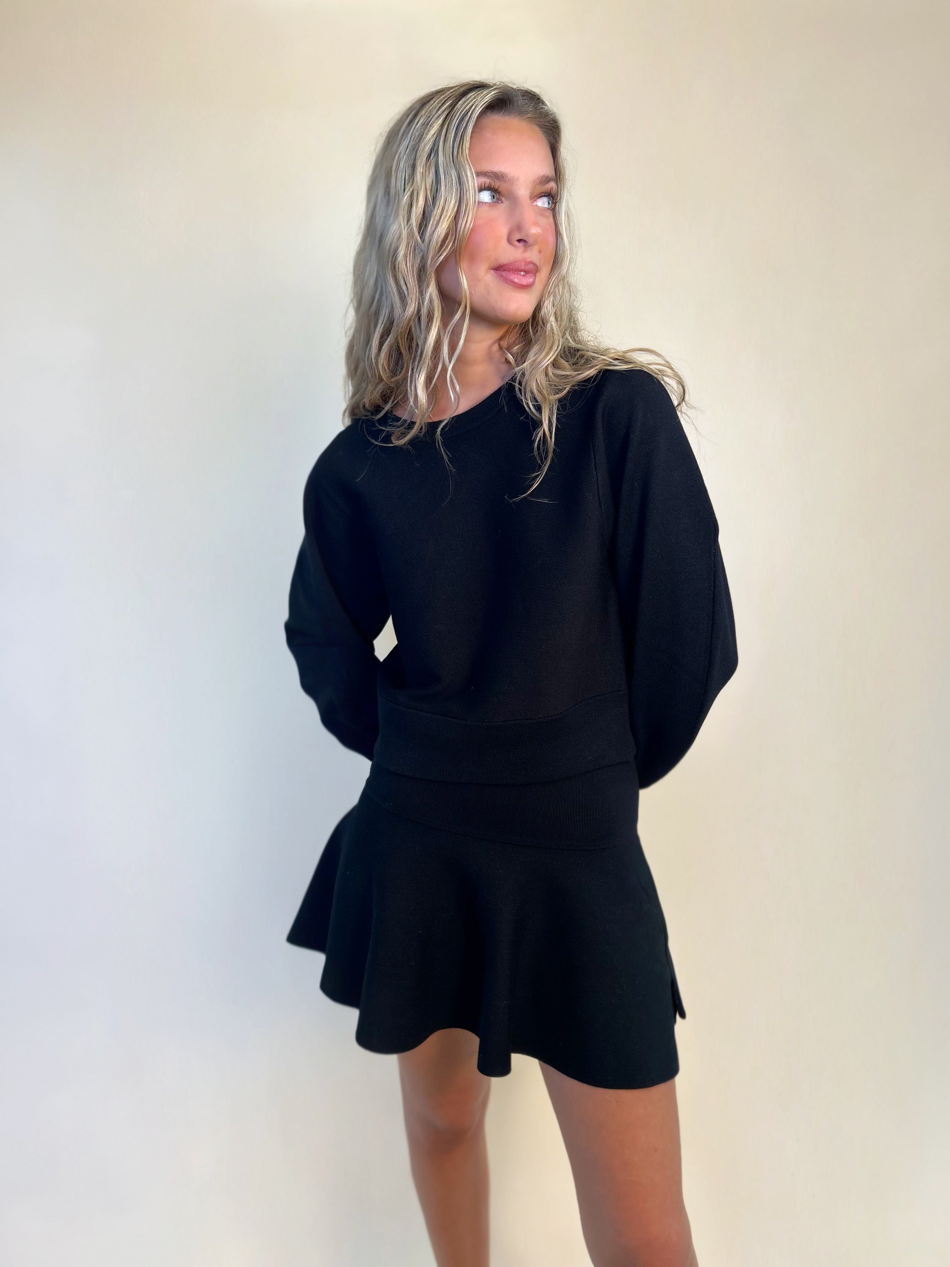 Steve Madden Rosina Skirt in Black styled with matching Rosina Sweater — chic coordinated look from Shear Boutique