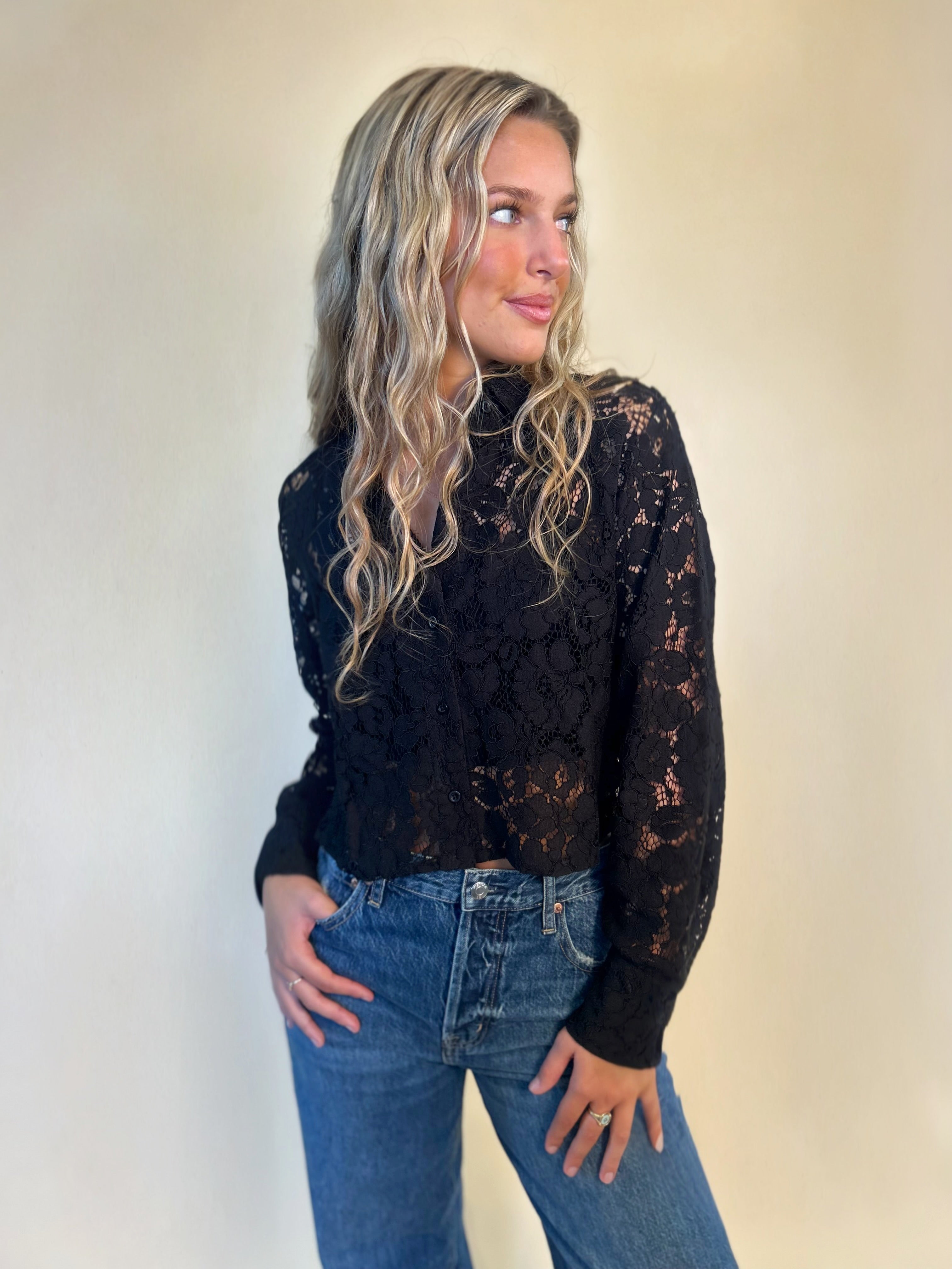 Steve Madden Jaiya Top in black lace styled with denim — romantic lace blouse from Shear Boutique