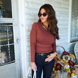 Soft fitted long sleeve women’s top perfect for layering under jackets and cardigans at Shear Boutique