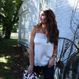 Frosted Pearl women’s lace cami paired with layered outerwear for an elevated everyday look