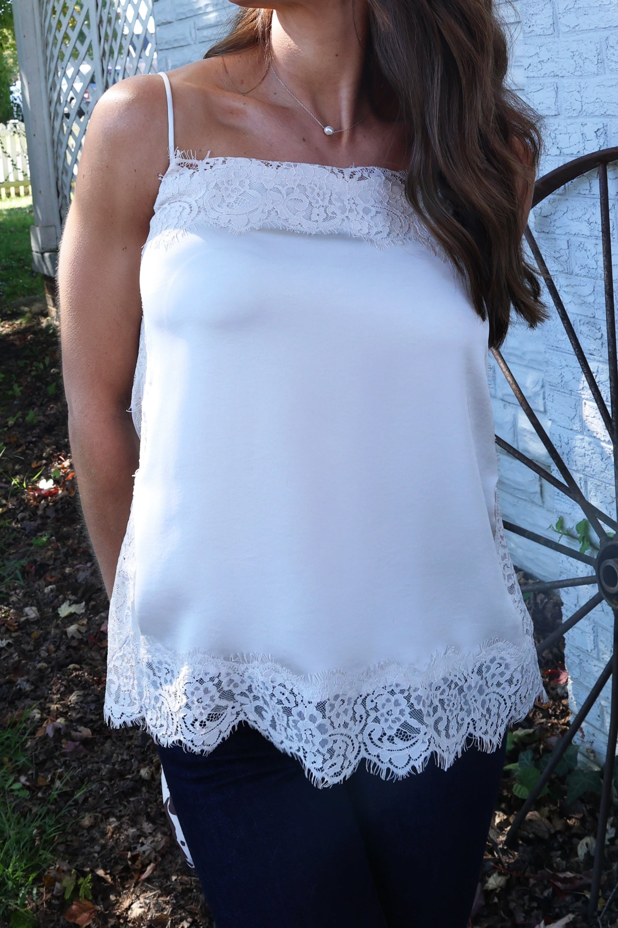 Women’s Frosted Pearl lace cami with feminine detailing and sleeveless silhouette at Shear Boutique Olney