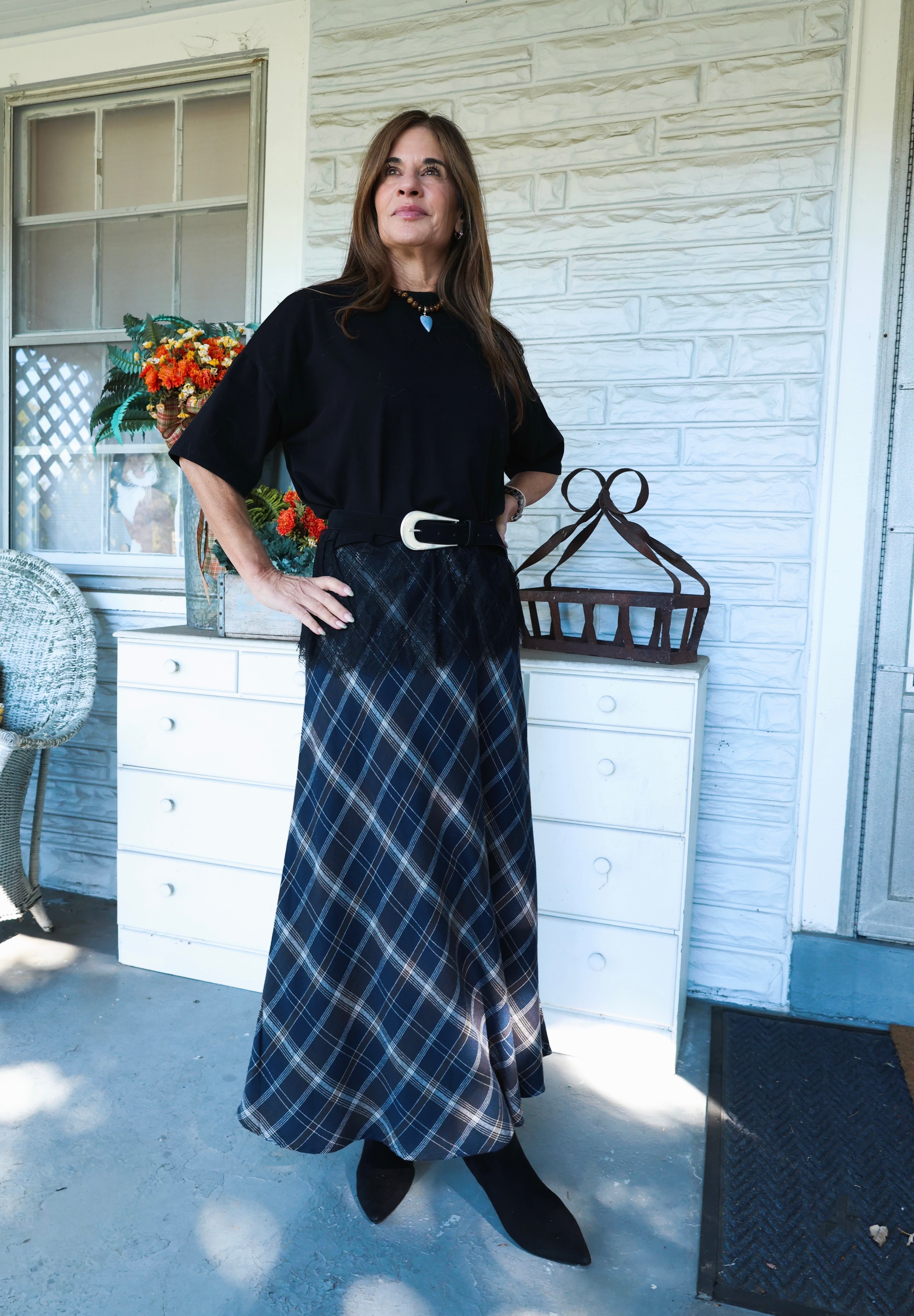 Oversized women’s knit jersey top with sheer eyelash lace hem at Shear Boutique in Olney, MD