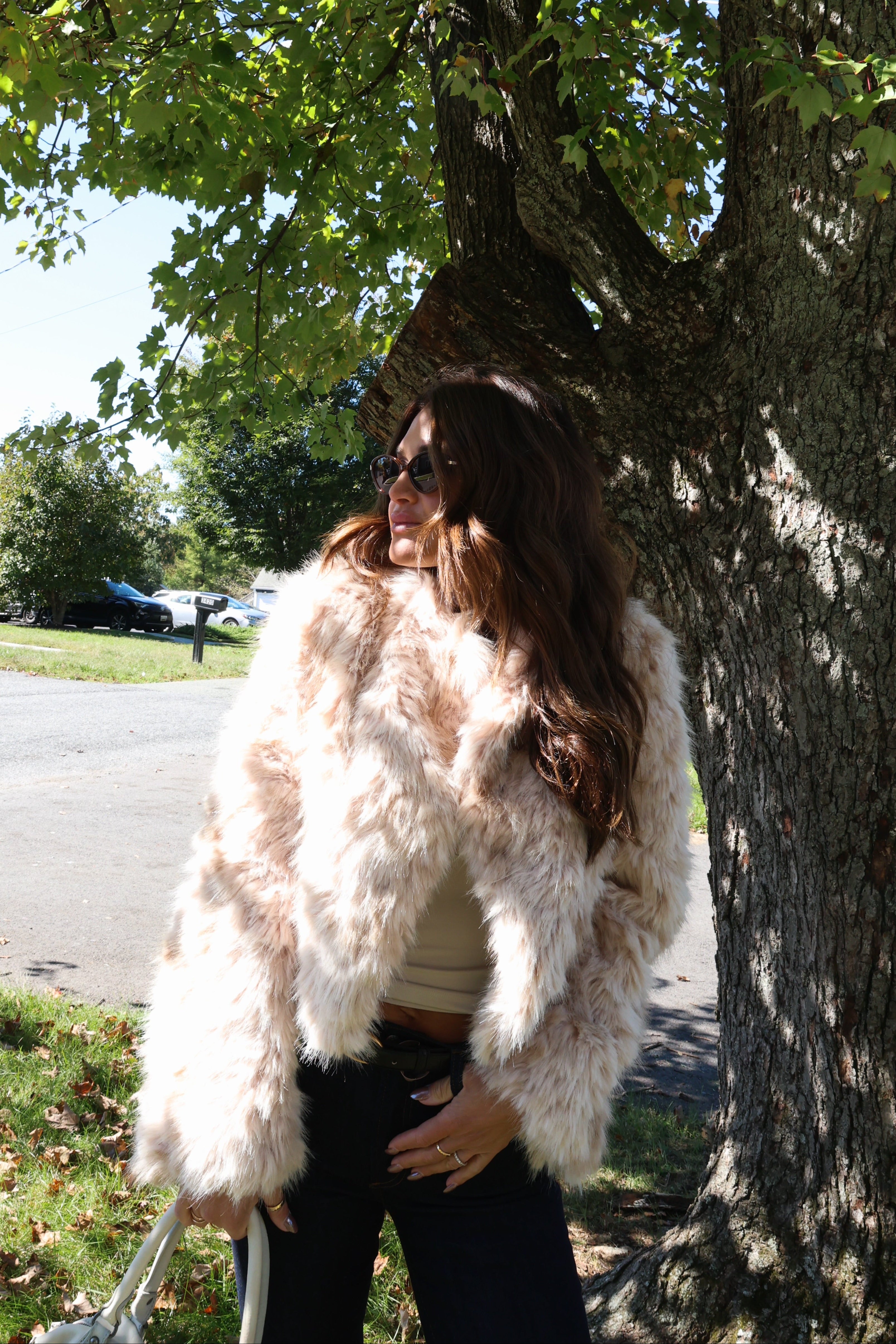 Supernova cropped faux fur jacket with plush shaggy texture for women at Shear Boutique in Olney, MD