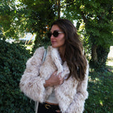 Women’s open-front faux fur jacket with boat neckline for stylish fall and winter layering at Shear Boutique