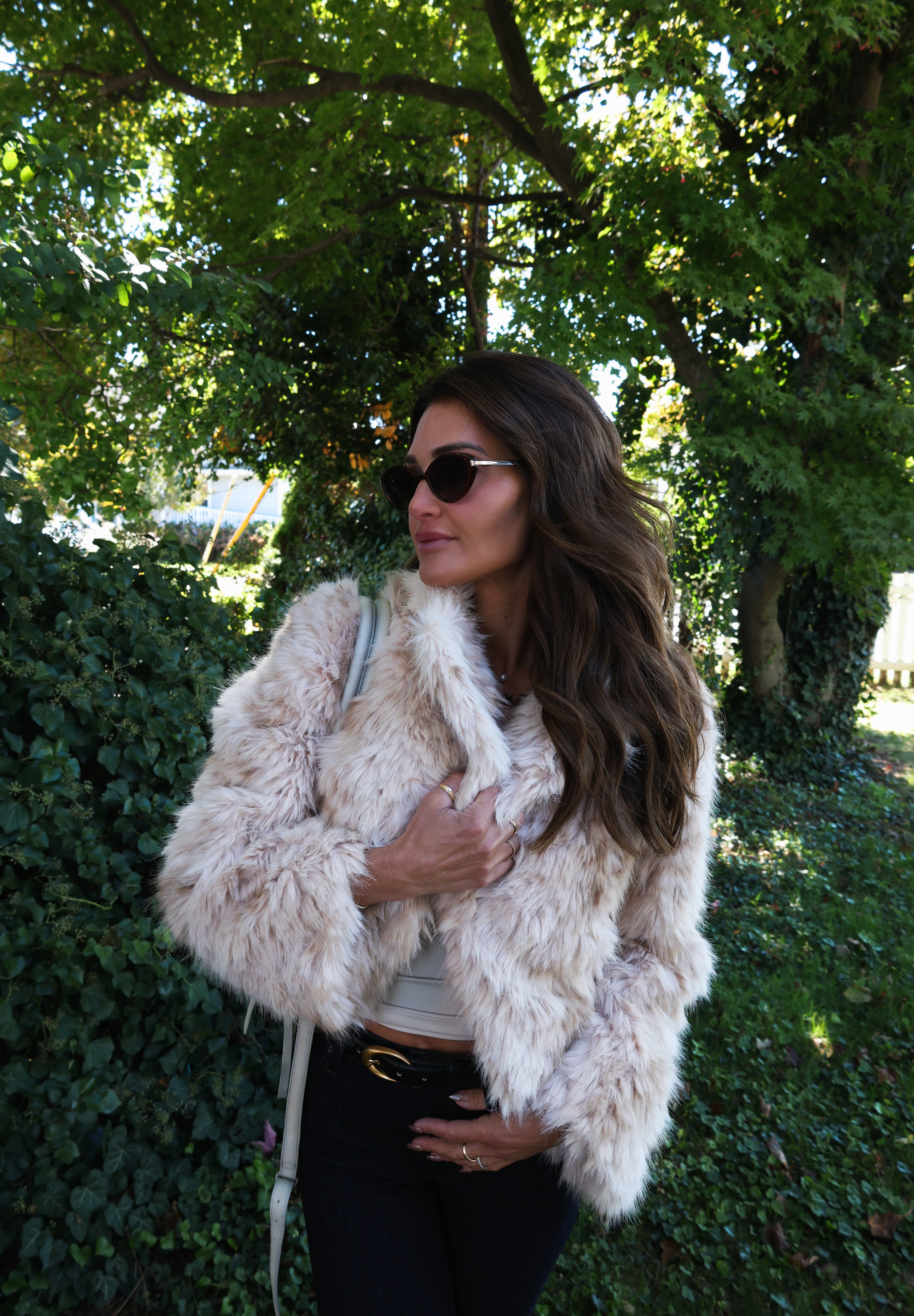 Women’s open-front faux fur jacket with boat neckline for stylish fall and winter layering at Shear Boutique