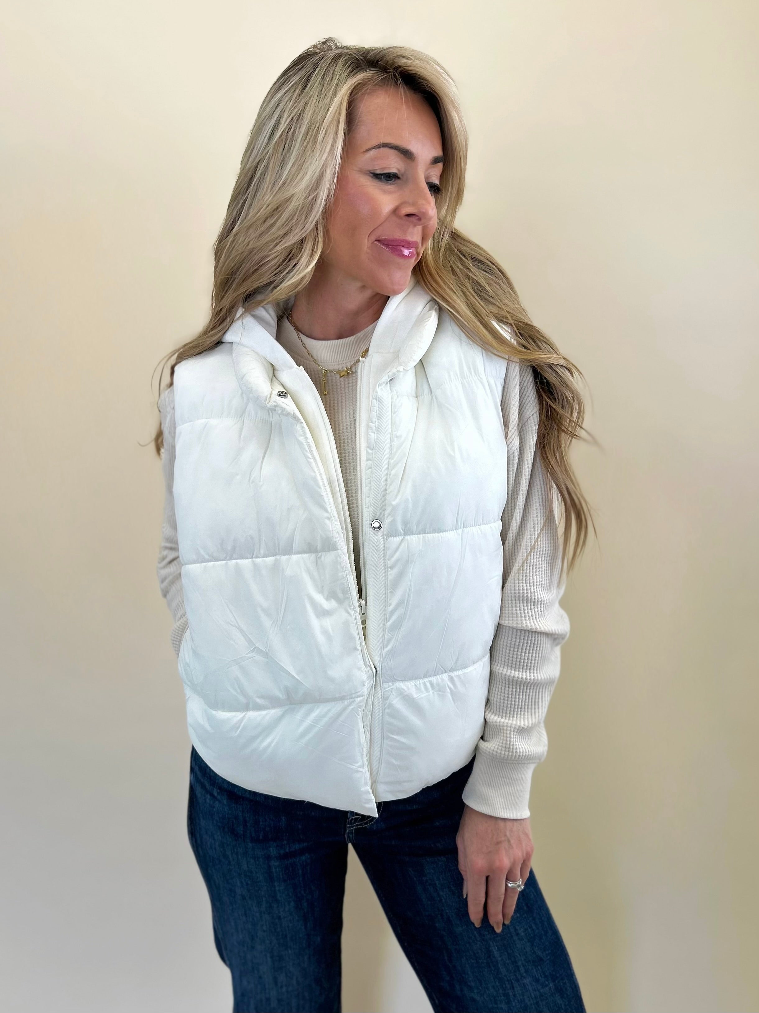 Z Supply Essential Puffer Vest in White, hooded lightweight vest available at Shear Boutique.