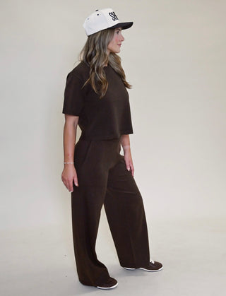 Three-quarter angle of women’s Kori Knit Wide Leg Pants and matching cropped sweater top in espresso brown.