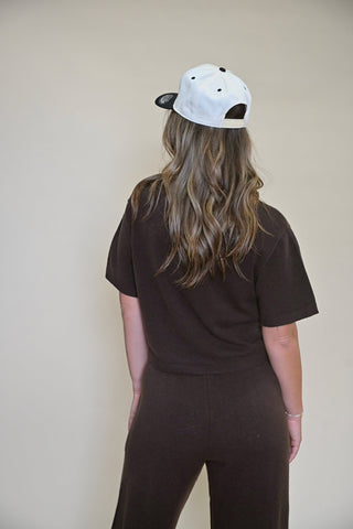 Back view of Kori Elbow Sleeve Crewneck Sweater in Dark Espresso, clean lines with a tailored fit.