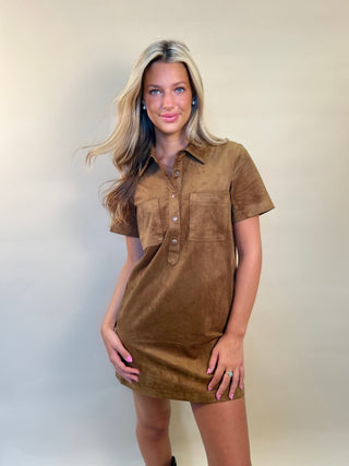 Brown suede mini dress with collar, front pockets short sleeve