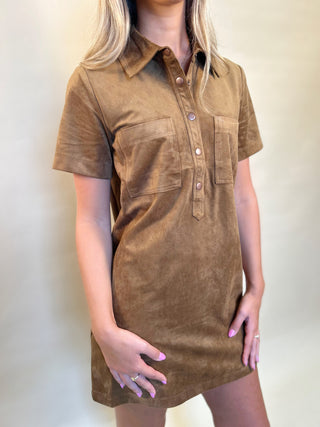 Brown suede mini dress with collar, front pockets short sleeve